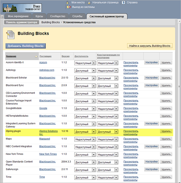 Подключаемый модуль iSpring для BlackBoard