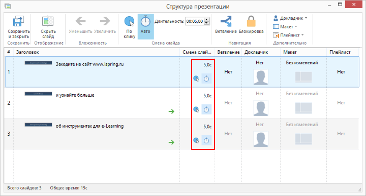 Автопереход между слайдами Настройка структуры презентации в iSpring Converter Pro