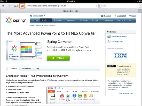 iPad Full Screen Web App: Tapping on the Arrow icon 