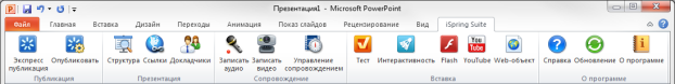 Панель инструментов iSpring Suite в PowerPoint